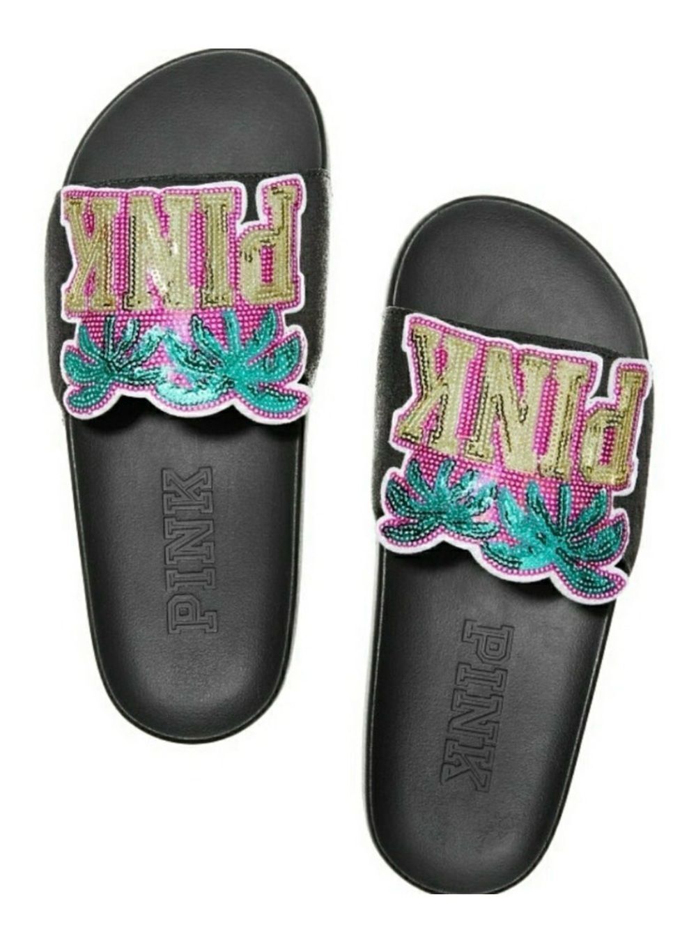New Victoria’s Secret PINK Bling slides Sandals Sequin flip flops Logo Shoes M